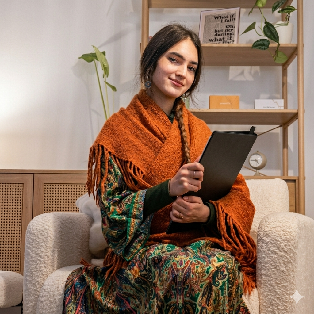 Vanessa, într-un șal de culoare teracotă